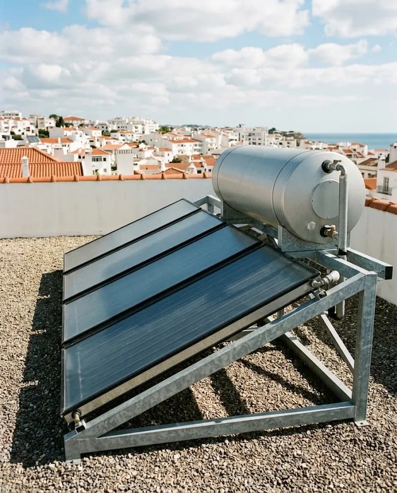 Quatro coletores solares num terraço com depósito