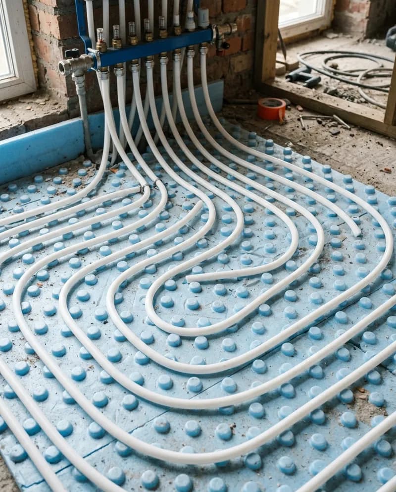 Serpentinas de piso radiante antes da betonilha