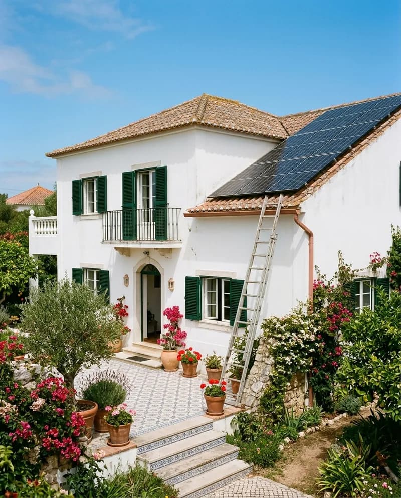 Painéis fotovoltaicos num telhado de telha com uma escada encostada ao beiral