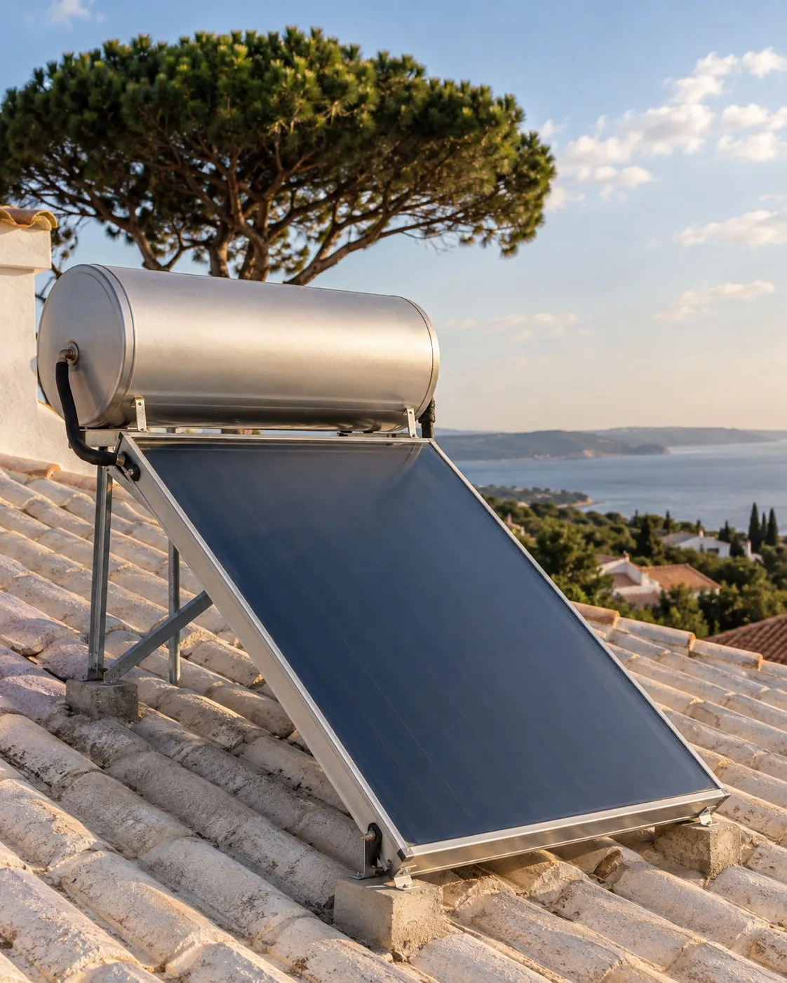 Coletor solar térmico com depósito num telhado de telha, pinheiros ao fundo