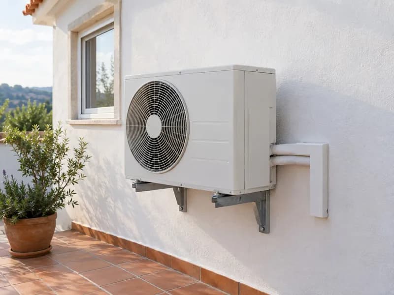 Unidade exterior de bomba de calor num suporte de parede ao lado de uma casa branca