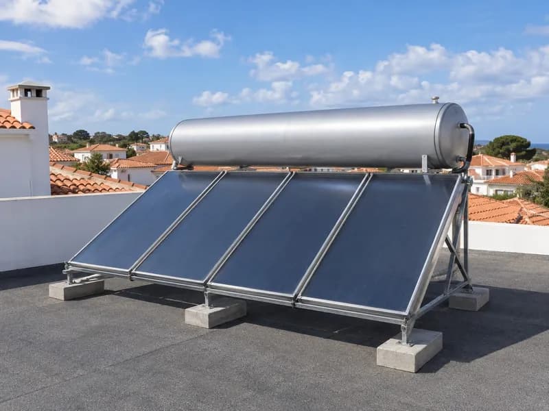 Coletores solares planos com depósito horizontal numa estrutura galvanizada num terraço